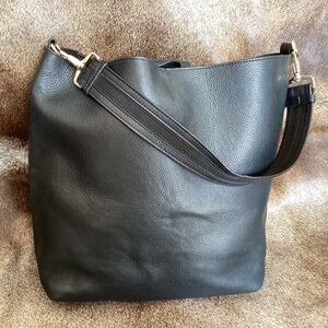 Black Soft Genuine Leather Tote Shoulder Handbag Tie Top Closure